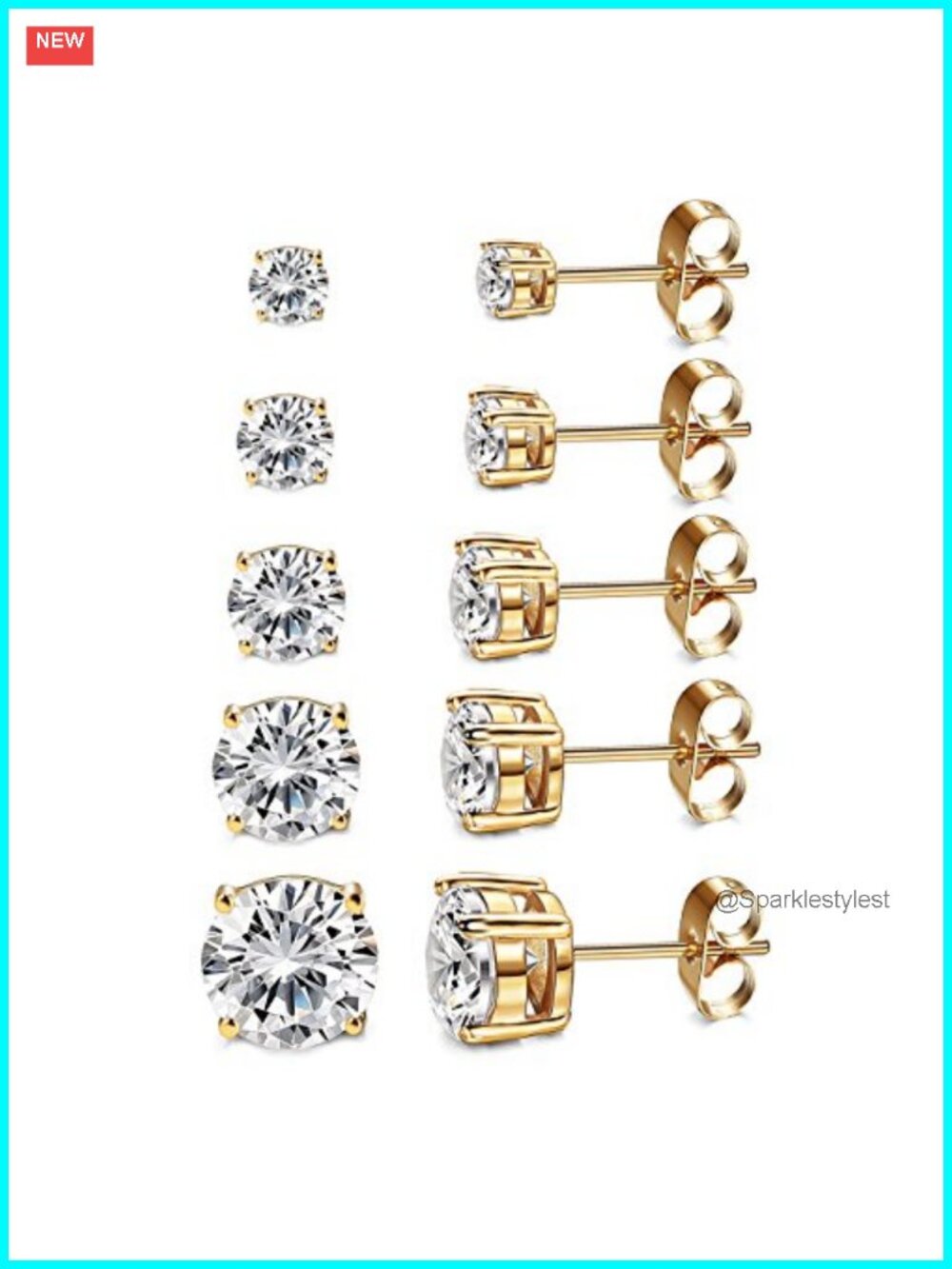 14K Gold Plated CZ Stud Earrings Hypoallergenic 5 Pair Set